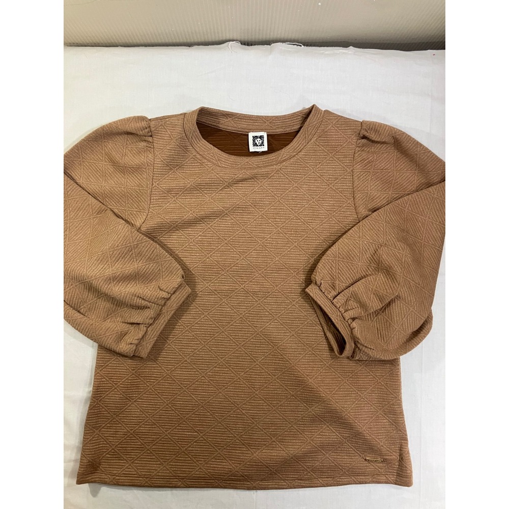 Anne Klein Women Camel Brown Diamond Quilted Puff Sleeve Knit‎ Top 10839556